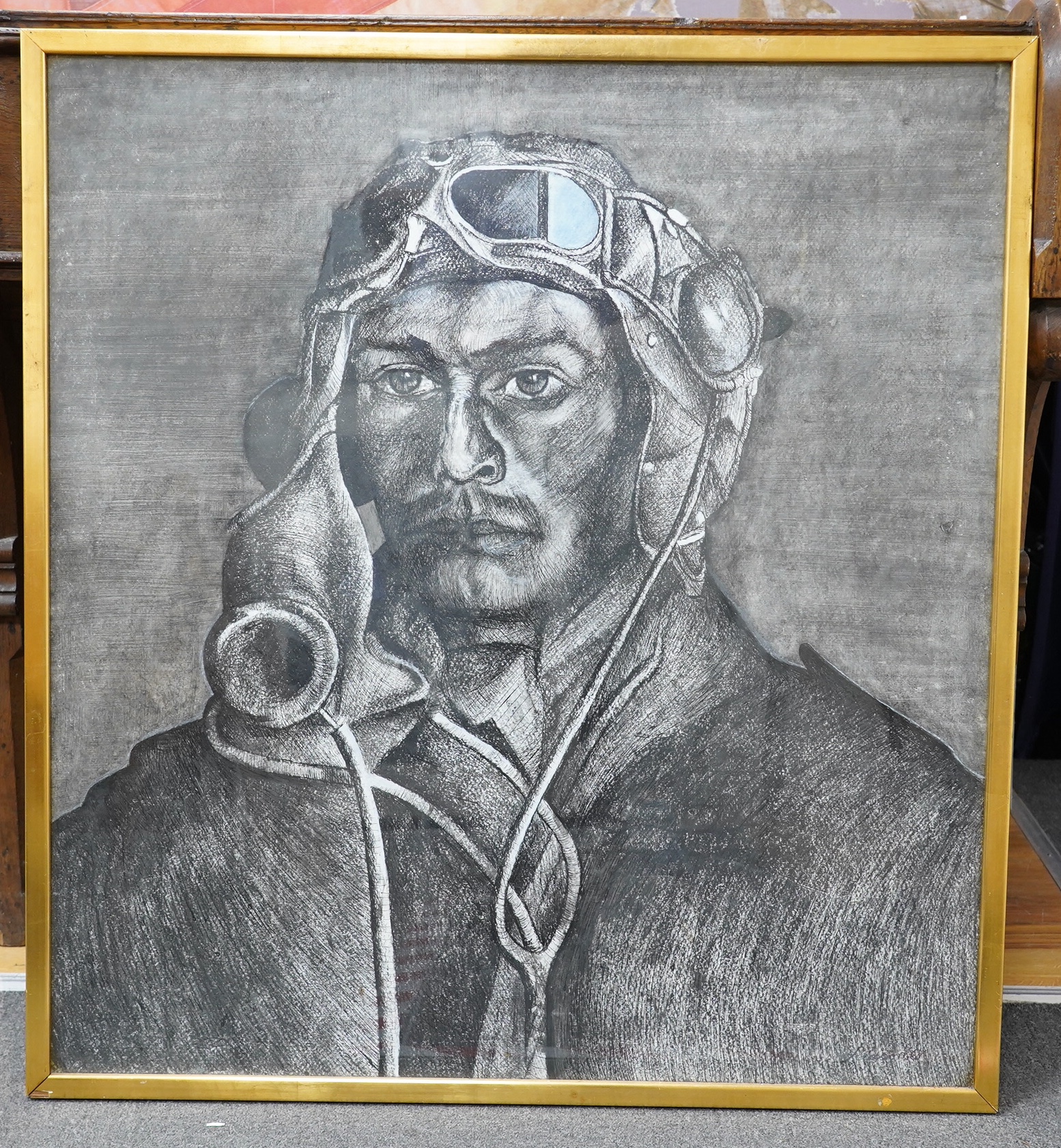 Pat Rixson, charcoal, Portrait of a gentleman wearing flying goggles, signed, 88 x 81cm. Condition - good